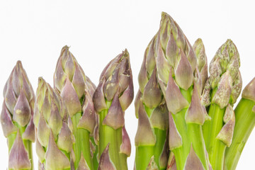 Wall Mural - Bunch of asparagus tops macro closeup, isolated on white background.