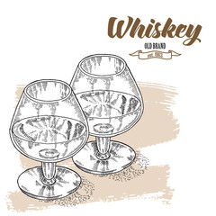 Wall Mural - Whiskey drink. Hand drawn two glasses of whiskey. Engraving 