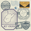 Stamp set with the name and map of West Virginia, United States