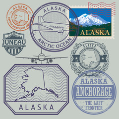  Stamp set with the name and map of Alaska, United States