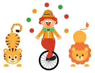 Wall Mural - cartoon tiger and clown with bike and lion