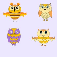 Set Of Cartoon Owls. Yellow Owls. Purple Owls.