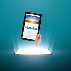 Wall Mural - smart mobile phone vector illustration with light and human hand coming out.