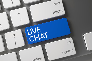 Wall Mural - Live Chat Concept Modern Keyboard with Live Chat on Blue Enter Button Background, Selected Focus. Key Live Chat on Modern Laptop Keyboard. Modernized Keyboard Button Labeled Live Chat. 3D Render.