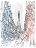 Fototapeta Boho - Street of the city of Paris and view on Eiffel Tower on the background of the French flag. Vector hand drawing.