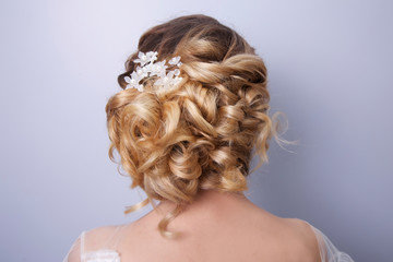 beautiful woman  bride with tiara on head  on bright background , copy space.