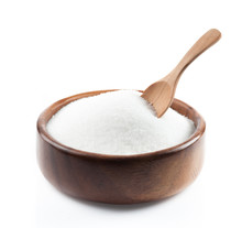 White Sugar In Wood Bowl On White Background