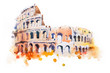 watercolor drawing of Coliseum in Rome. Hand drawn Italian sightseeing