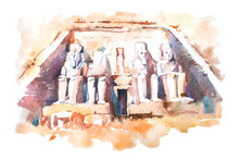 Abu Simbel Temples Watercolor Drawing, Egypt. The Great Temple Of Ramesses II Aquarelle Painting