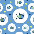 Vector seamless pattern for kids with fishes on blue background. Circle and bubbles. Cute fish for fabric, baby clothes. Colorful funny fish texture. Doodles for design. Cartoon style. Boy pattern.