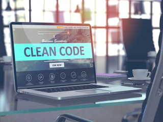 Wall Mural - clean code concept - closeup on laptop screen in modern office workplace. toned image with selective