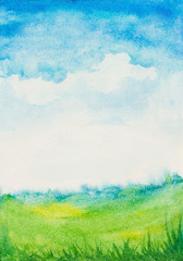 watercolor abstract textured background with sky, clouds, grass