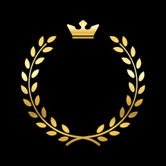Poster - Gold laurel wreath, with crown. Golden leaf emblem. Vintage design, isolated on black background. Decoration for insignia, banner award. Symbol of triumph, sport victory, trophy. Vector illustration.