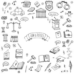 Hand drawn doodle Law and Justice icons set Vector illustration law sketchy symbols collection Cartoon law concept elements suitable for info graphics, websites and print media. Black and white icons