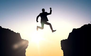 Poster - happy businessman jumping between rocks