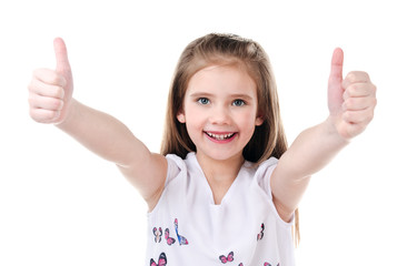 Cute smiling little girl with two fingers up