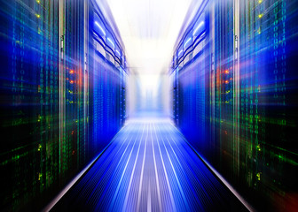 fantastic symmetric data center room with a binary code penetrating supercomputers