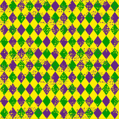 Green, purple, yellow grid Mardi Gras seamless vector pattern