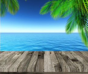 Wall Mural - 3D weathered wooden deck looking out to ocean