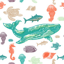 Sea Animals Colorful Seamless Vector Pattern.