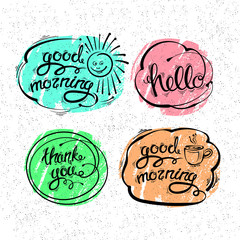 Vector set of hand drawn letters, texts, phrases. Thank you, Hello, good morning