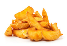 Fried Potato Wedges. Fast Food. Isolated On White
