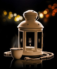 White Lantern With Arabian Coffee And Rosary.