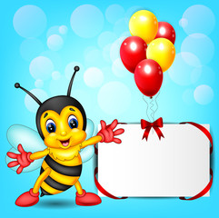 Sticker - illustration of cute bee cartoon with baloon