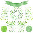 Watercolor badges, leaves, circle green wreath, ribbon, emblem s