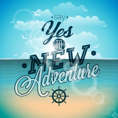  Say yes to new adventures inspiration quote on ocean landscape background.
