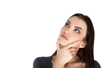 Contemplative thinking woman at a white background Stock Image