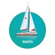 Isolated image of a sailing yacht with reflection in the water in a round white frame. Side view. Signature Regatta