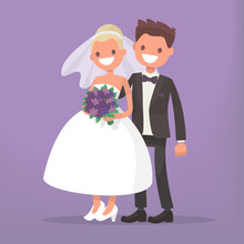 Happy Newlyweds . Bride And Groom Together. Vector Illustration.