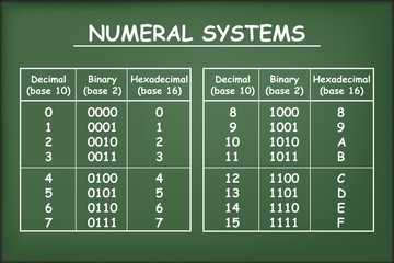 Hexadecimal, decimal and binary bases on green chalkboard vector