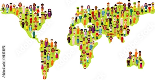 Plakat Mapa wektor ilustracja wielokulturowym dzieci narodowych na planecie Ziemia