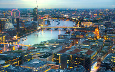 Poster - London at sunset.  River Thames, bridges and night lights City of London