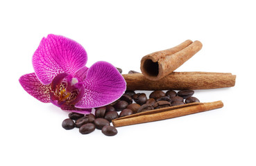 Coffee and orchid isolated on a white background