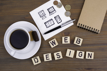 Wall Mural - Text: Web design from wooden letters on awooden table