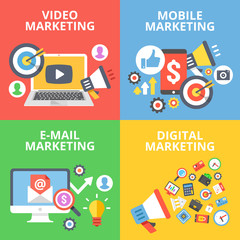 Wall Mural - video marketing, mobile marketing, e-mail marketing, digital marketing flat illustration concepts se