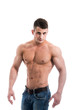 © romankosolapov - Sexy smiling shirtless male model with muscular body and abs against isolated white background looking to the camera