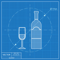 Blueprint icon of wine glass with bottle