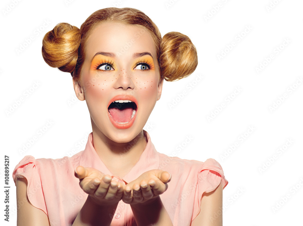 Joyful Teen Girl With Freckles Funny Red Hairstyle And