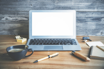 Wall Mural - Laptop and coffee on wood