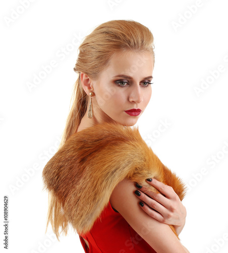 Young Beautiful Blonde Girl Wearing Perfect Makeup And Red Dress