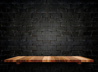 Fototapete - Empty wooden shelfs on pastel grunge black brick wall, Mock up t