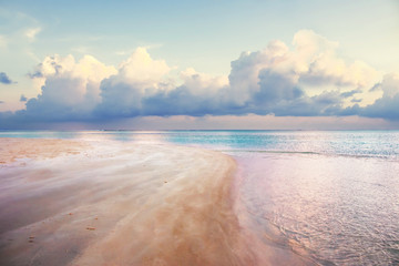 beach with blue ocean pink sand under blue cloud sky