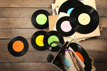 Wall Mural - Vinyl records and headphones on table