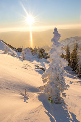 Morning panorama of Ural mountains in Russia, national park at d