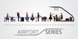 The people stand in a queue for the flight registration desk. Illustration includes icon of people and registration desk contruction. Airport series