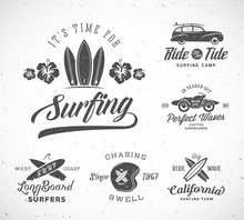 Vector Retro Style Surfing Labels, Logo Templates Or T-shirt Graphic Design Featuring Surfboards, Surf Woodie Car, Motorcycle Silhouette, Helmet And Flowers. Good For Posters, Cards, Etc. With Shabby